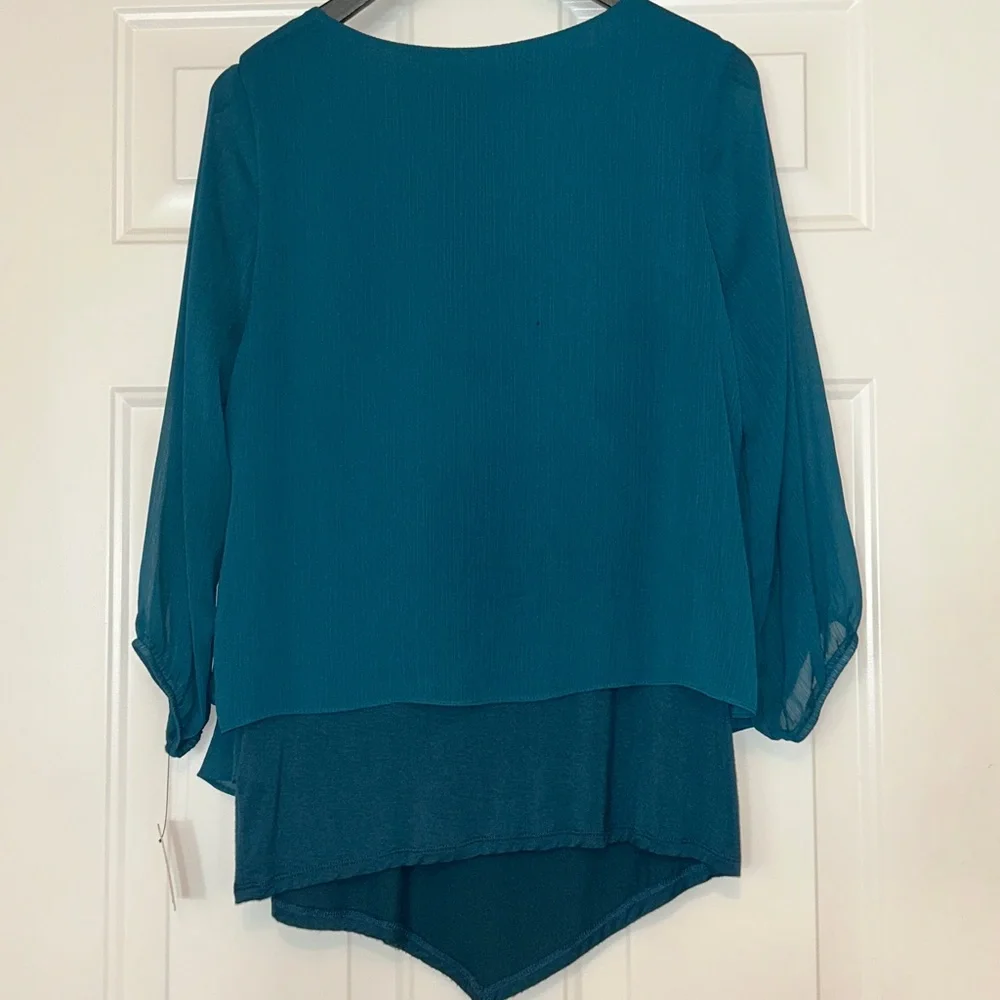Apt. 9 Layered V-Neck Women’s Top M Teal NWT Pullover Sheer Sleeve Casual